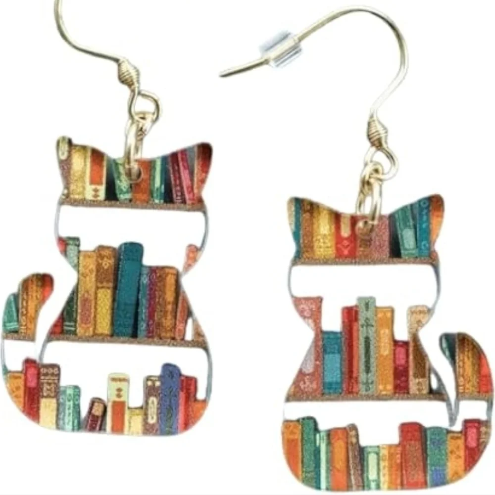 Women’s Jewelry multi-colored Cat Bookshelf Necklace and Dangle Earrings Set!